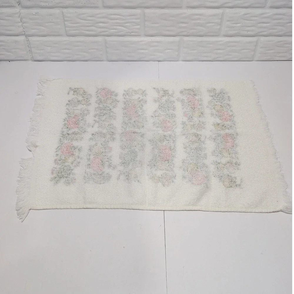 Vintage 70s Vegetable Print Terry Cloth Hand Towel White Fringe Harvest Mushroom